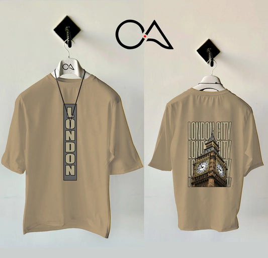 Printed London Beige Drop Shoulder Shirt With Black Drawstring Trouser