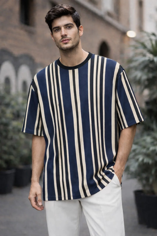 Striped Drop Shoulder Shirt With White Drawstring Trouser