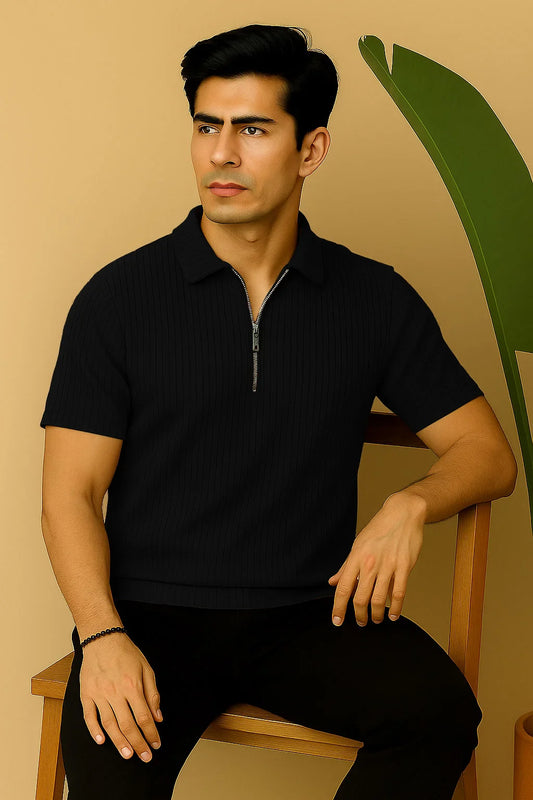 Ribbed Knit Half-Zip Polo Shirt Black