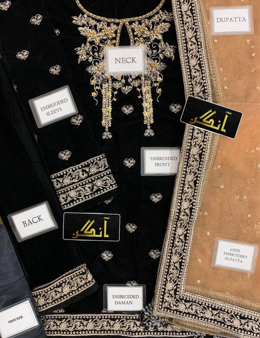 Velvet Embroidered Hand Embellished Luxury Unstitched 3Piece