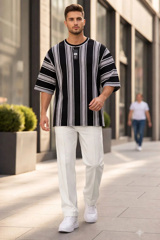 Black Striped Drop Shoulder Shirt With White Drawstring Trouser