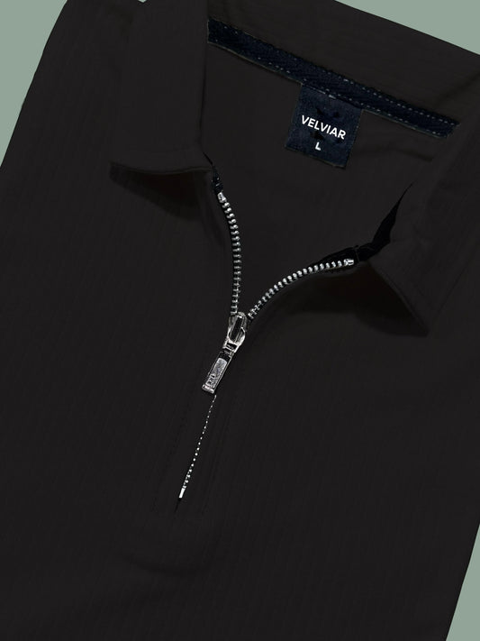 Knit Zip Black Polo Shirt & White Drawstring Trouser