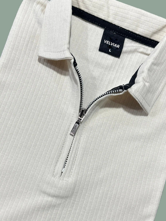 Knit Zip White Polo Shirt & Black Drawstring Trouser