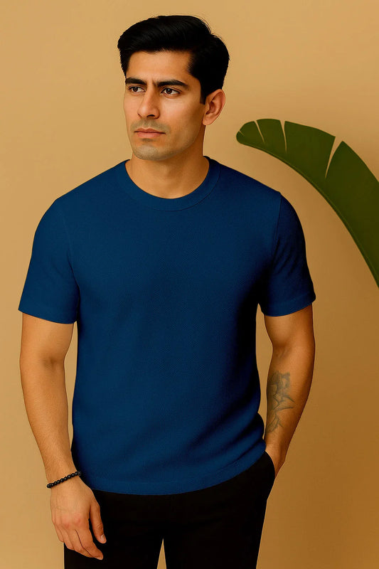 Round Neck Knitted Textured T Shirt Dark Blue