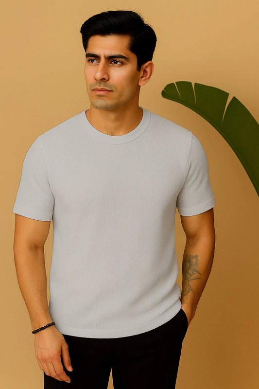 Round Neck Knitted Textured T Shirt Off White