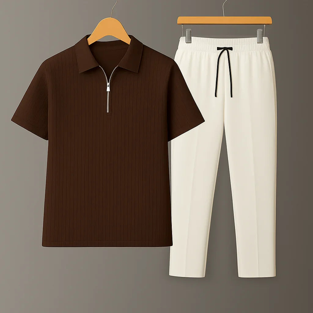 Knit Zip Brown Polo Shirt & White Drawstring Trouser