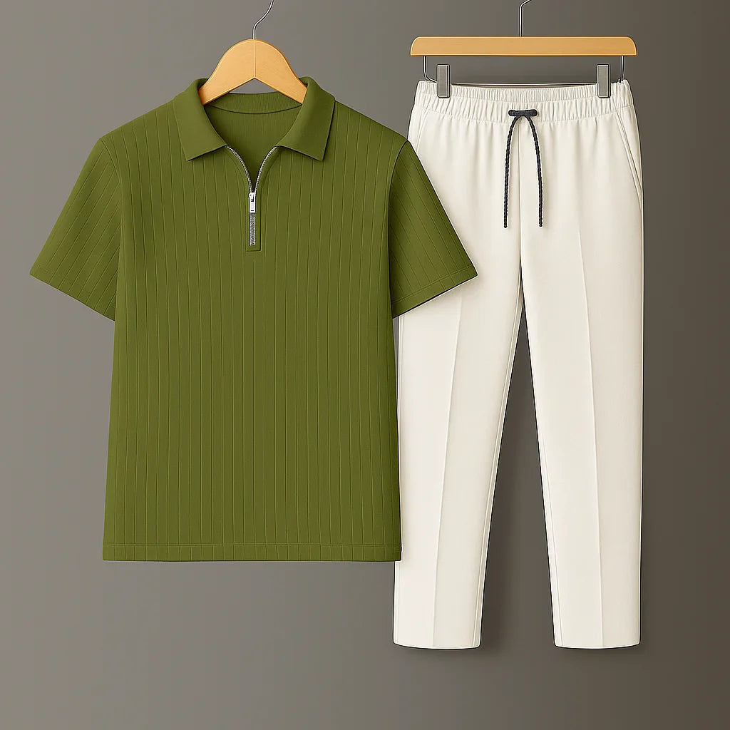 Knit Zip Olive Green Polo Shirt & White Drawstring Trouser