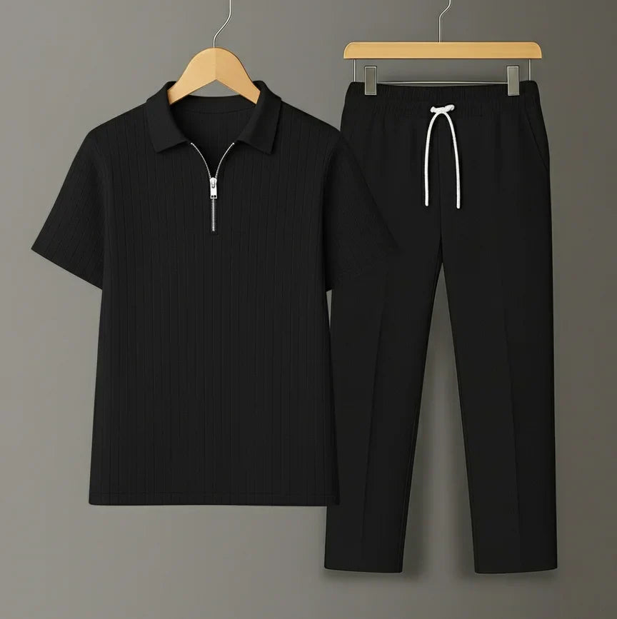 Knit Zip Black Polo Shirt & Black Drawstring Trouser