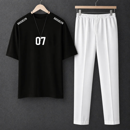Printed New York Black Drop Shoulder Shirt With White Drawstring Trouser