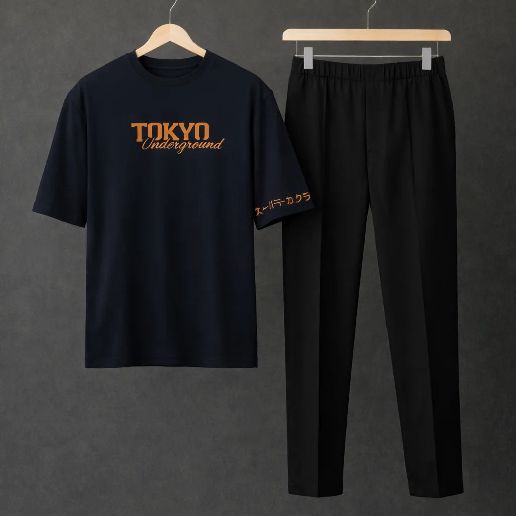 Printed Tokyo Navy Blue Drop Shoulder Shirt With Black Drawstring Trouser