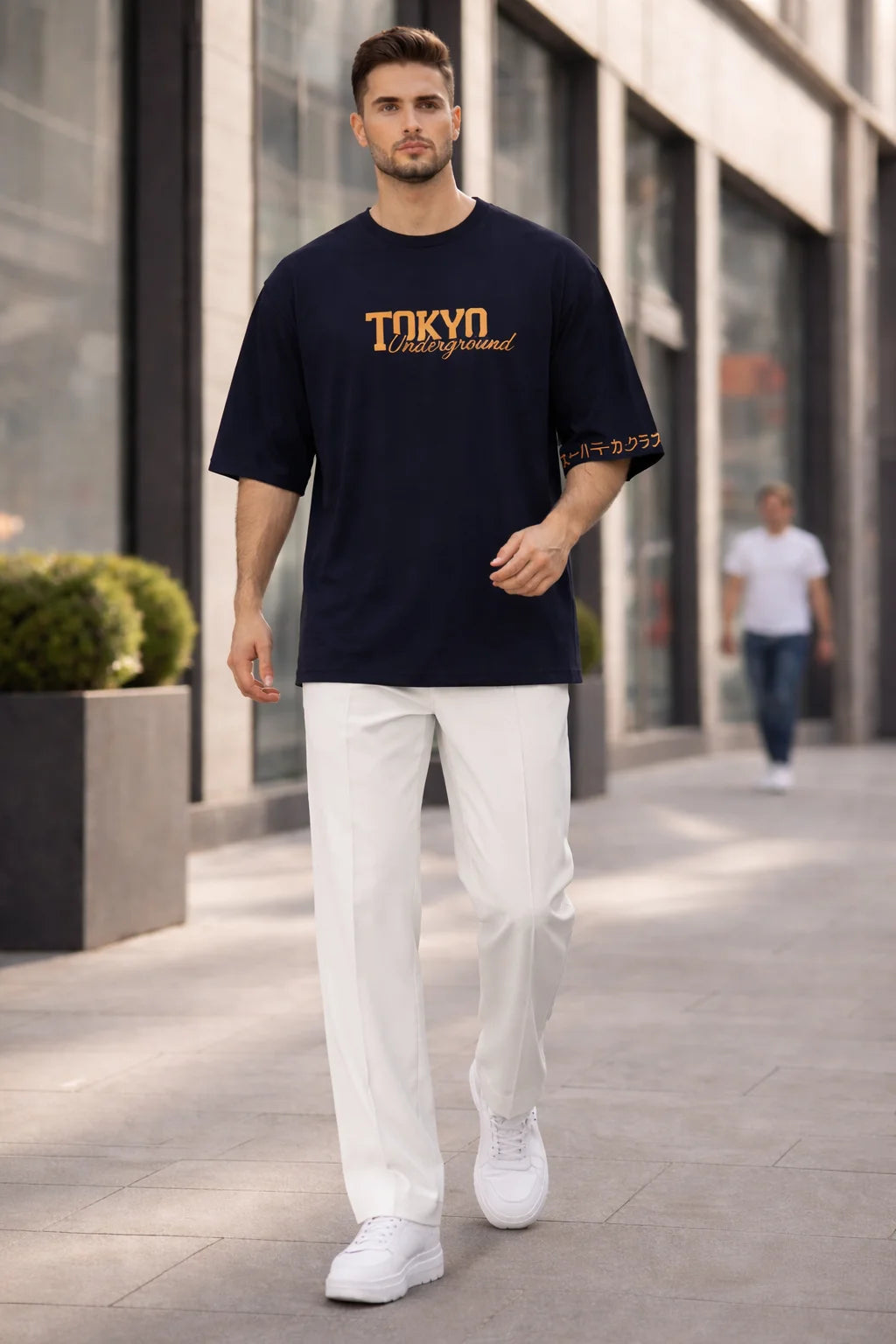 Printed Tokyo Navy Blue Drop Shoulder Shirt With White Drawstring Trouser