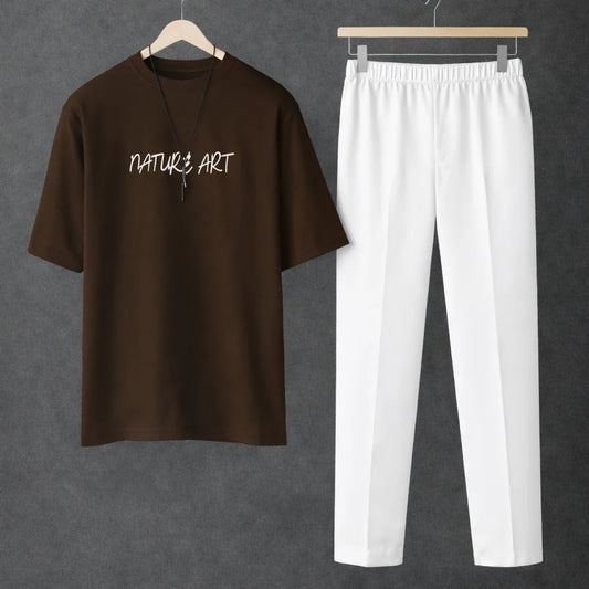 Printed Nature Art Brown Drop Shoulder Shirt With White Drawstring Trouser