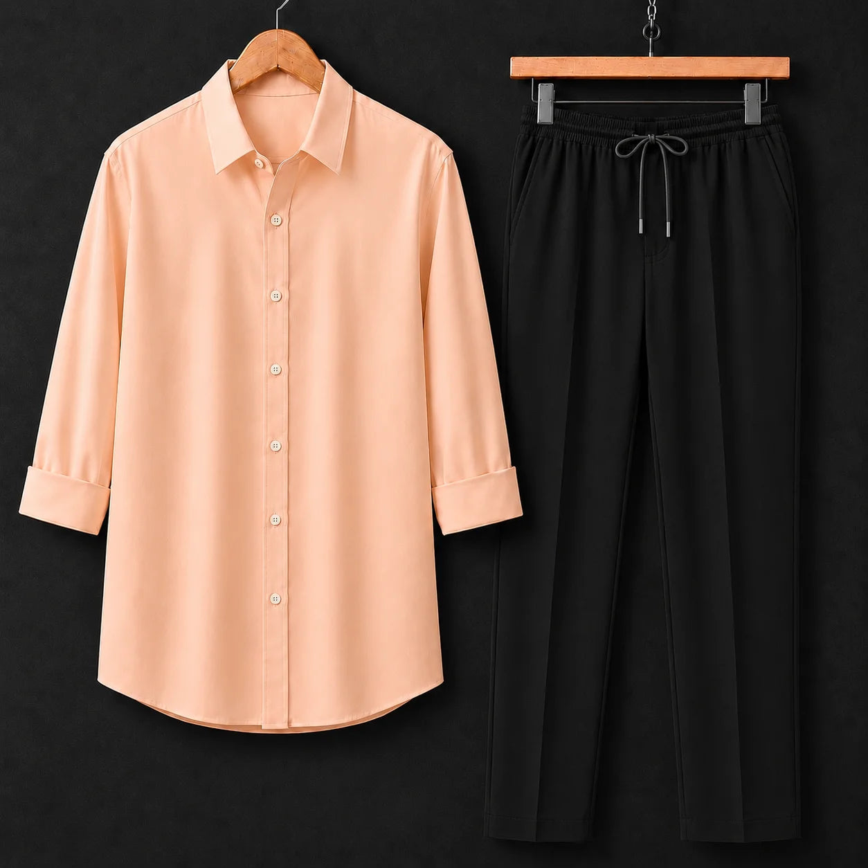 Premium Peach Full Sleeves Shirt With Black Drawstring Trouser