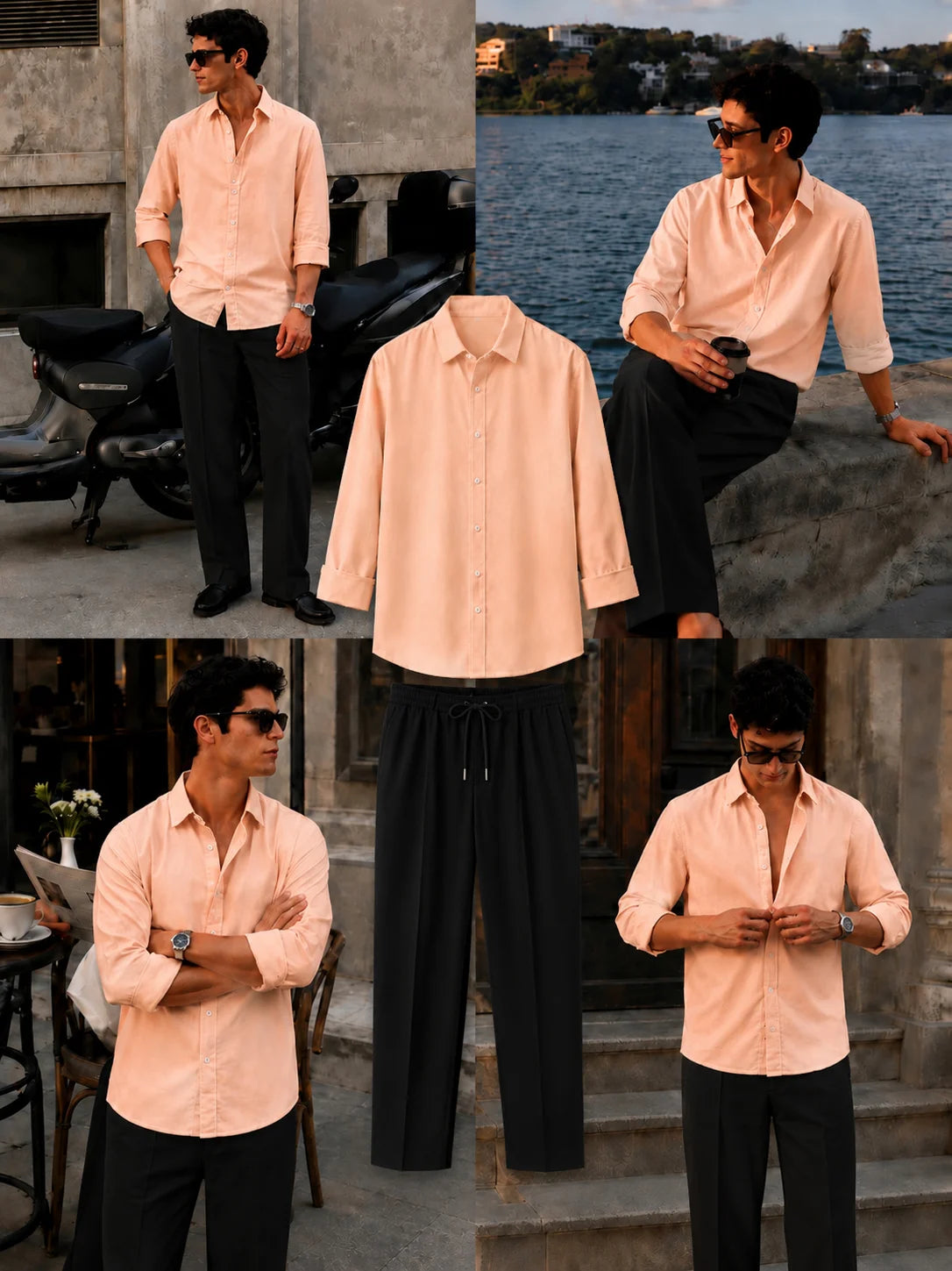 Premium Peach Full Sleeves Shirt With Black Drawstring Trouser
