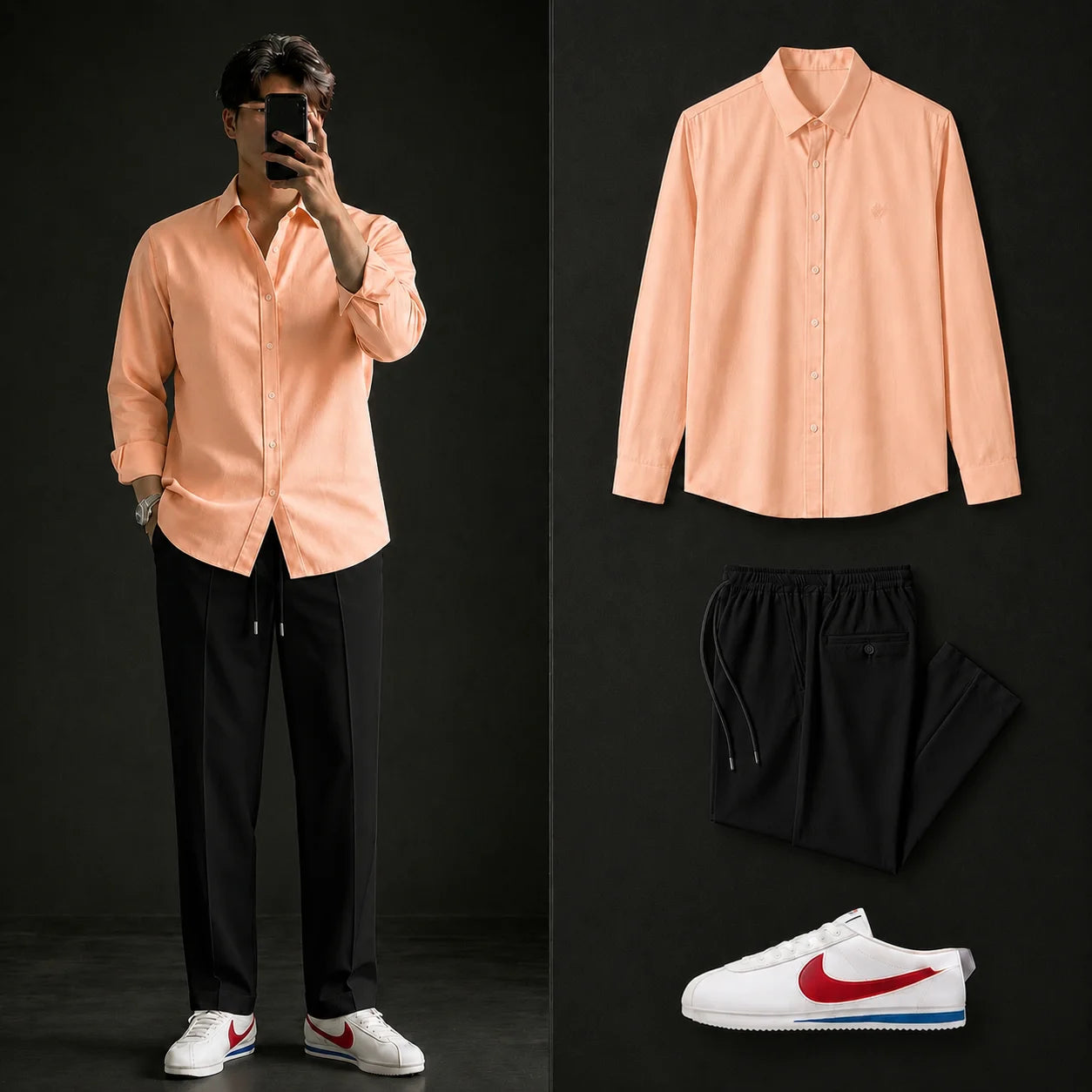 Premium Peach Full Sleeves Shirt With Black Drawstring Trouser