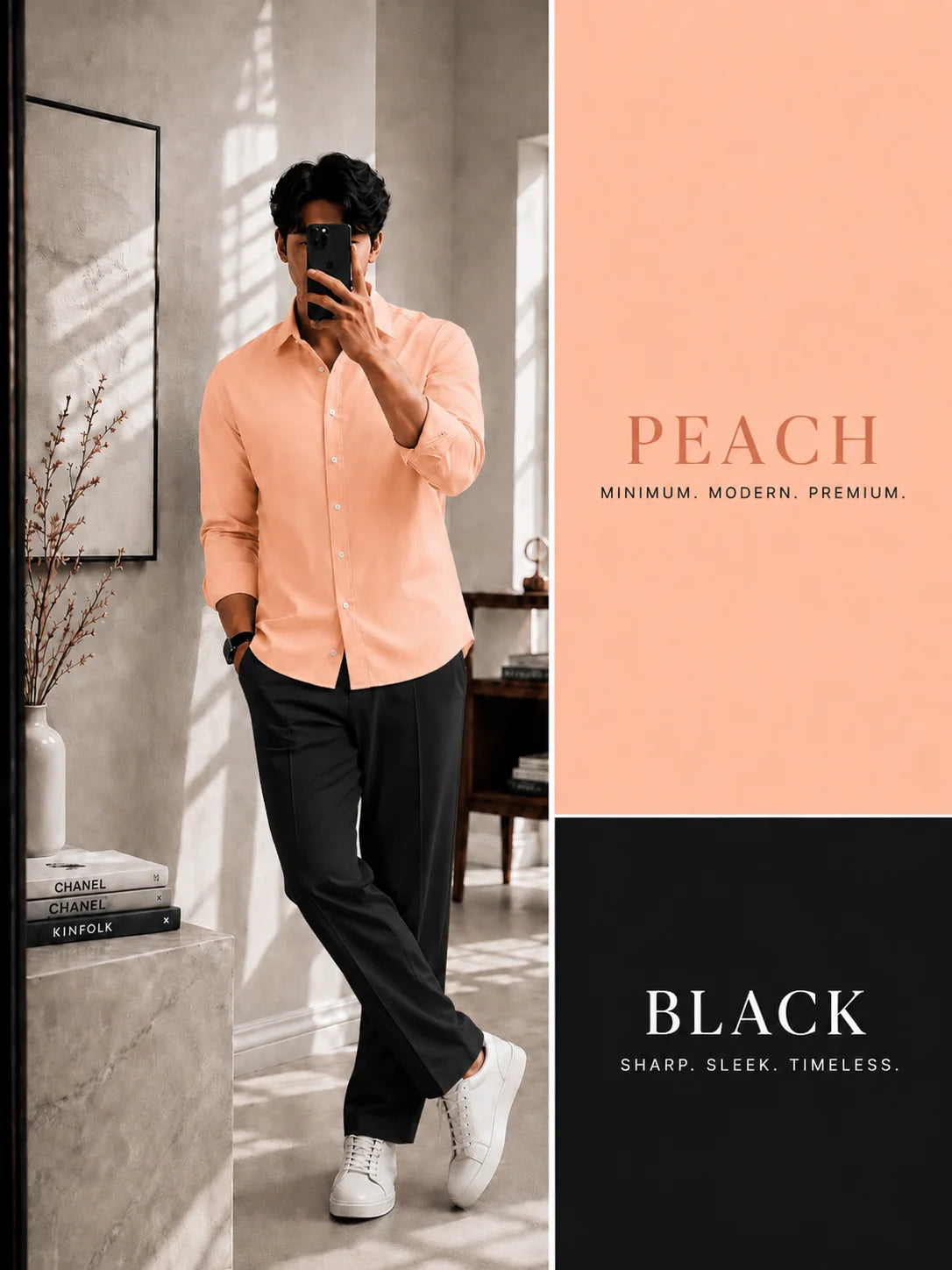 Premium Peach Full Sleeves Shirt With Black Drawstring Trouser