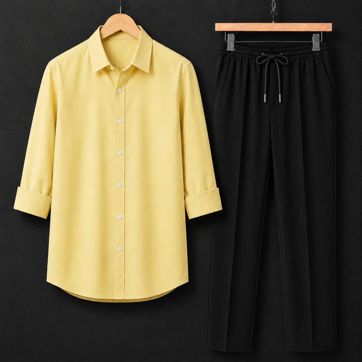 Premium Lemon Yellow Full Sleeves Shirt With Black Drawstring Trouser