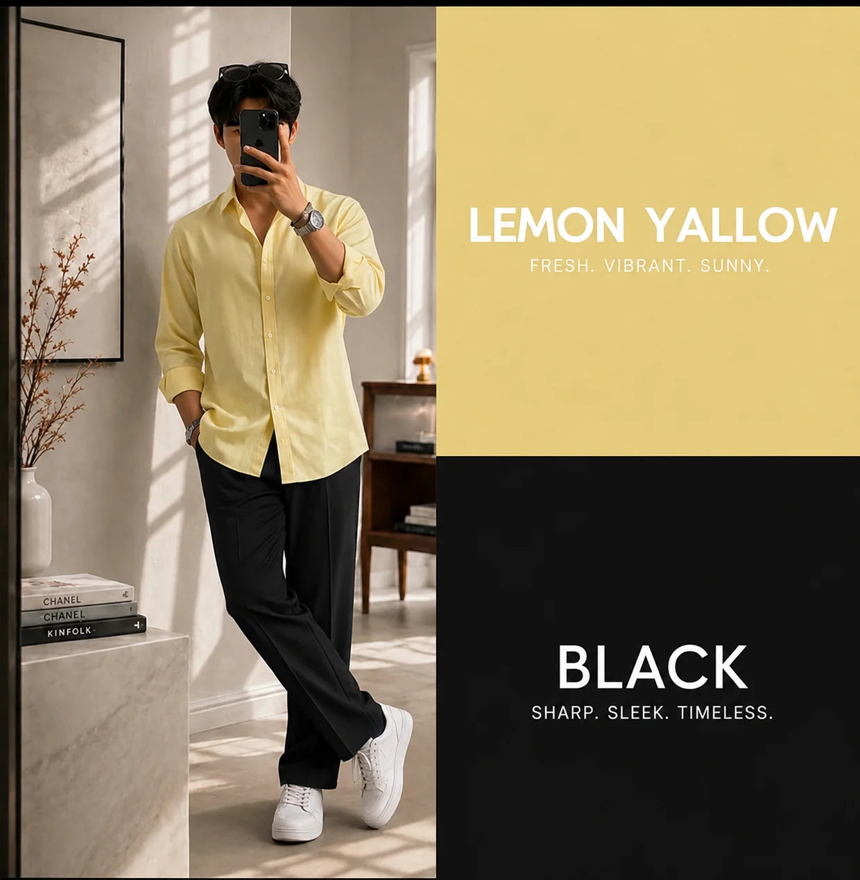 Premium Lemon Yellow Full Sleeves Shirt With Black Drawstring Trouser