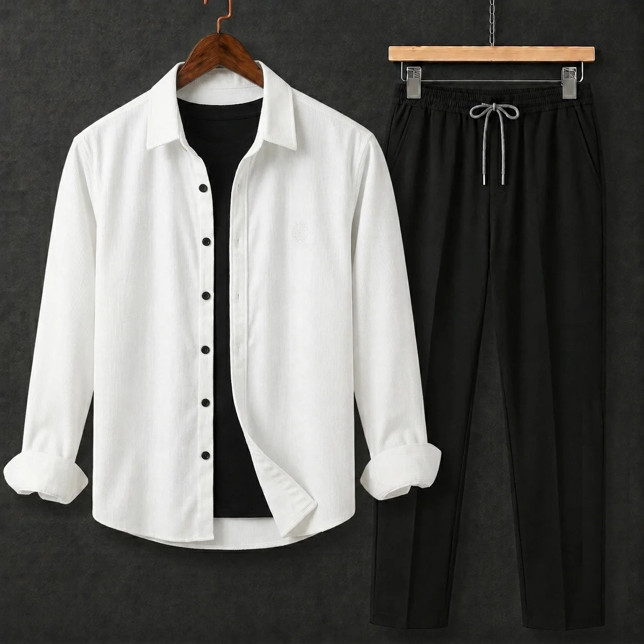Premium White Full Sleeves Shirt With Black Drawstring Trouser