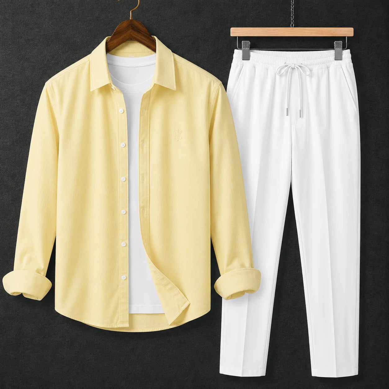 Premium Lemon Yellow Full Sleeves Shirt With White Drawstring Trouser
