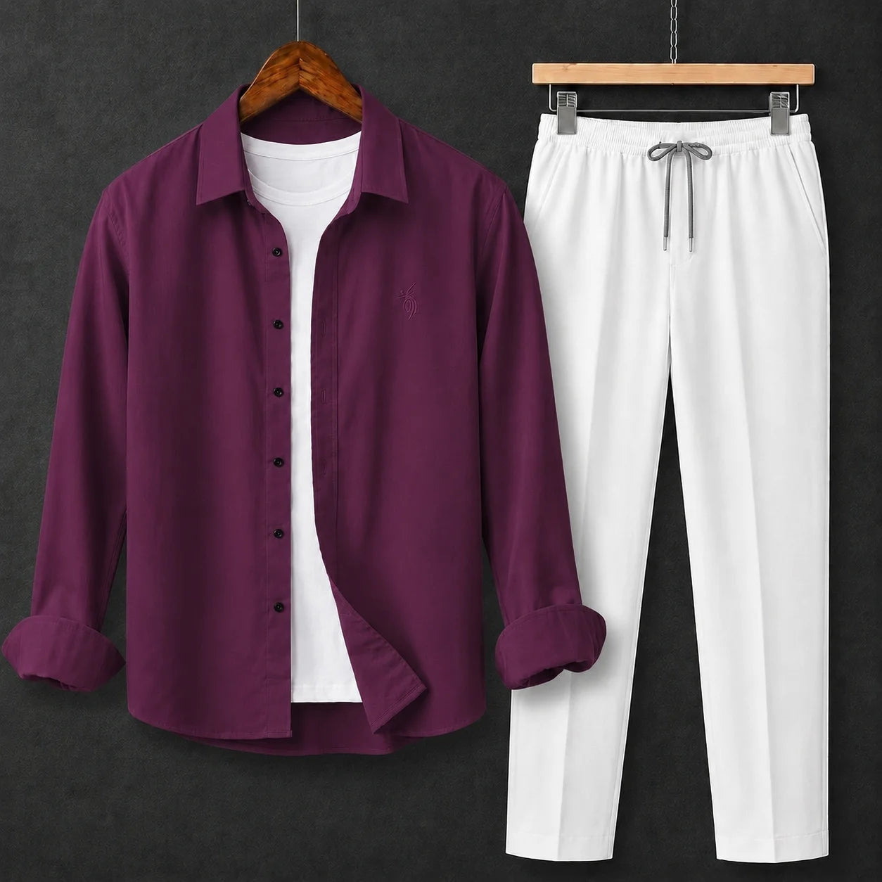 Premium Vibrant Wine Purple Full Sleeves Shirt With White Drawstring Trouser