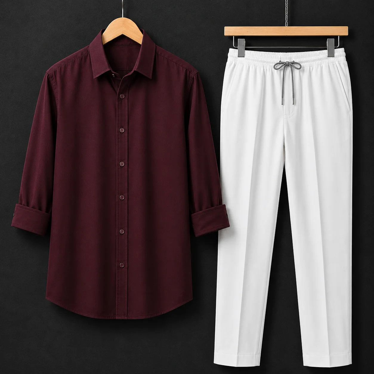 Premium Red Wine Full Sleeves Shirt With White Drawstring Trouser