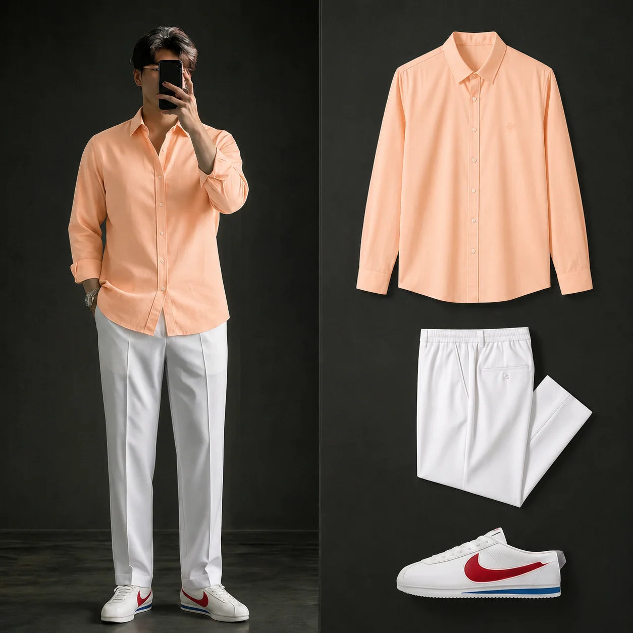 Premium Peach Full Sleeves Shirt With White Drawstring Trouser