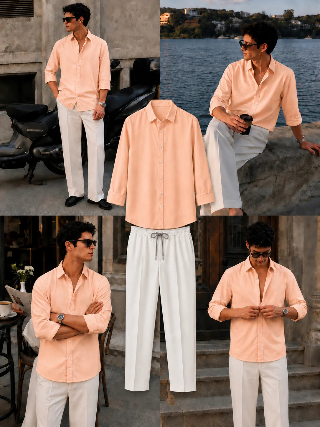 Premium Peach Full Sleeves Shirt With White Drawstring Trouser