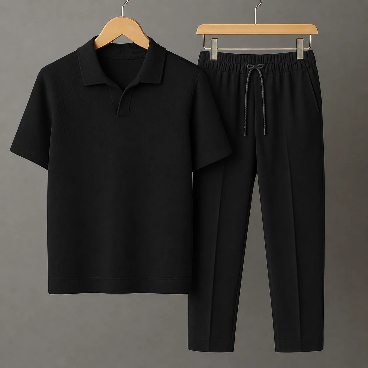 Knit Black Polo Shirt & Black Drawstring Trouser