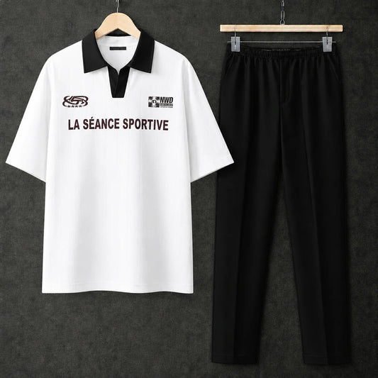 White Polo Contrast Collar Printed Drop Shoulder Shirt With Black Drawstring Trouser