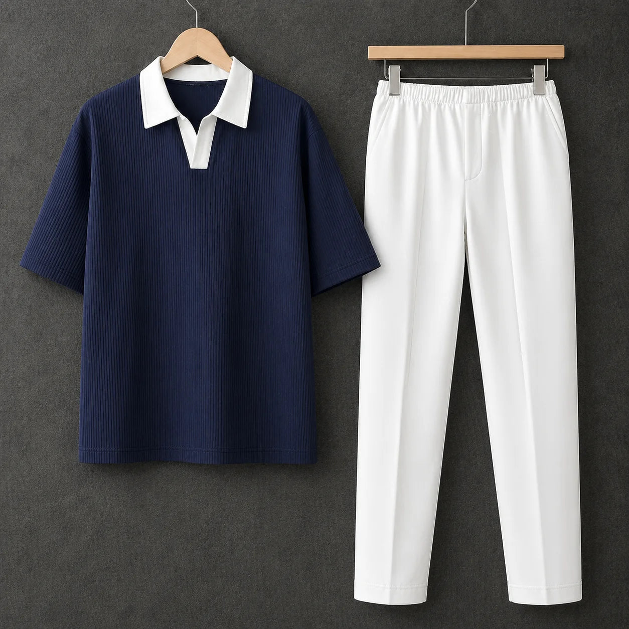 Navy Blue Polo Contrast Collar Drop Shoulder Shirt With White Drawstring Trouser