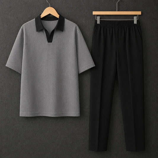 Gray Polo Contrast Collar Drop Shoulder Shirt With Black Drawstring Trouser
