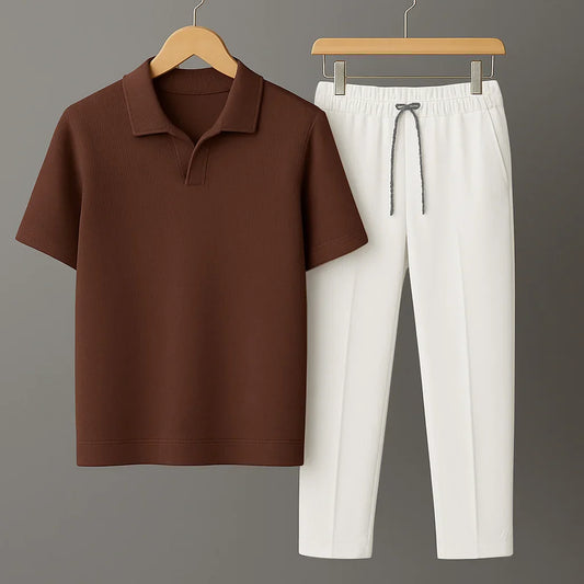 Knit Brown Polo Shirt & White Drawstring Trouser