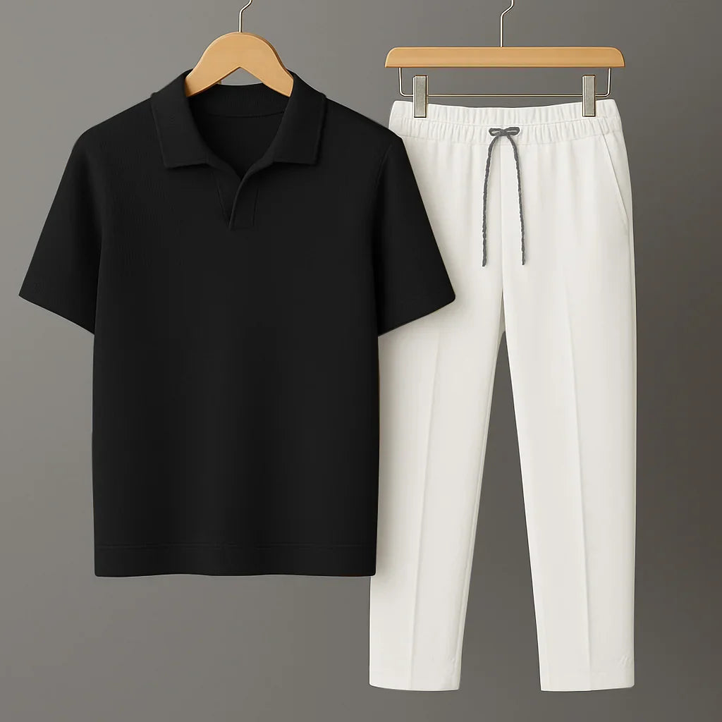 Knit Black Polo Shirt & White Drawstring Trouser