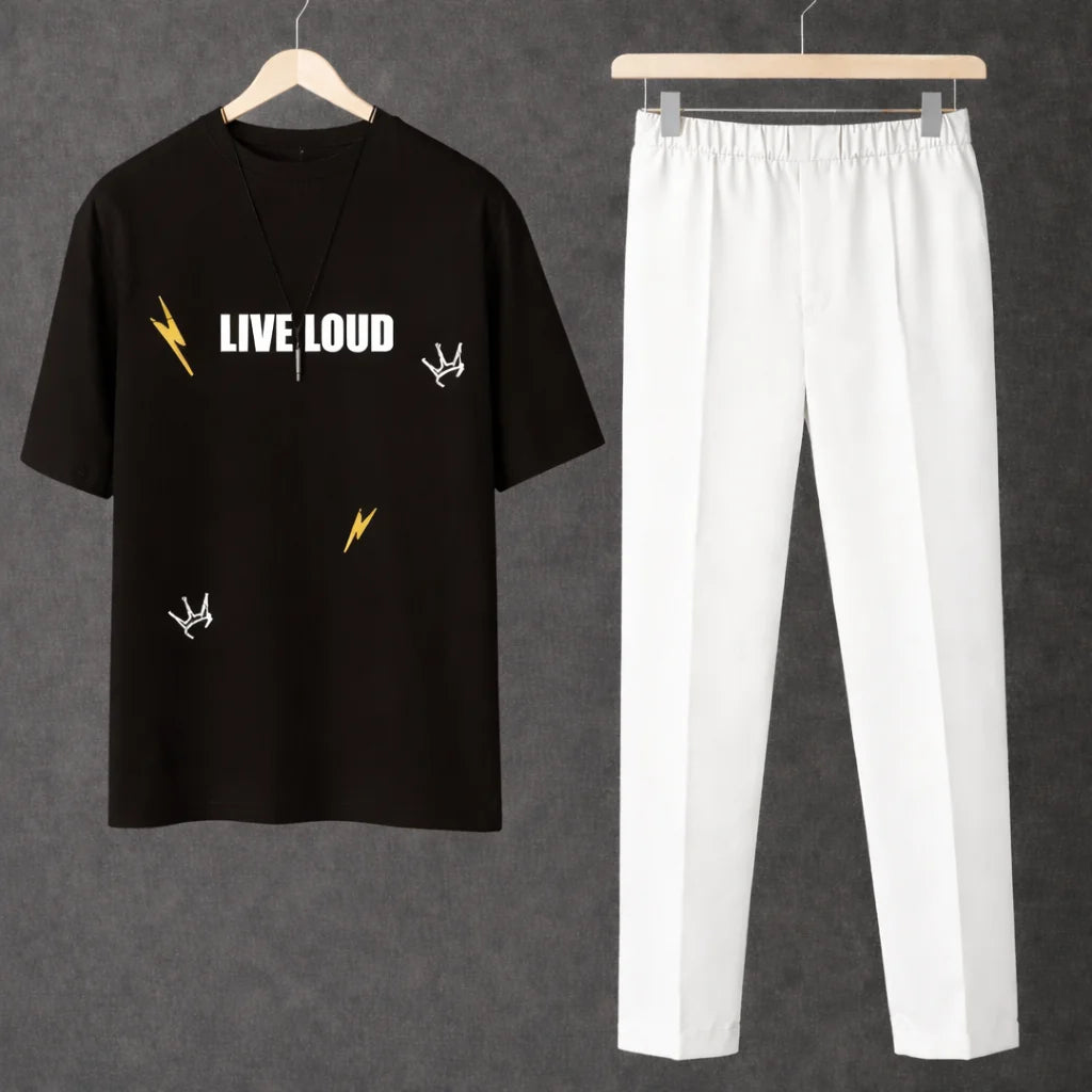 Printed Live Loud Black Drop Shoulder Shirt With White Drawstring Trouser