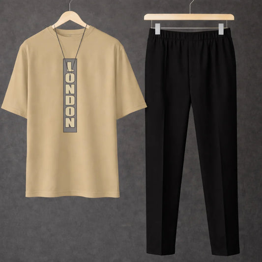 Printed London Beige Drop Shoulder Shirt With Black Drawstring Trouser