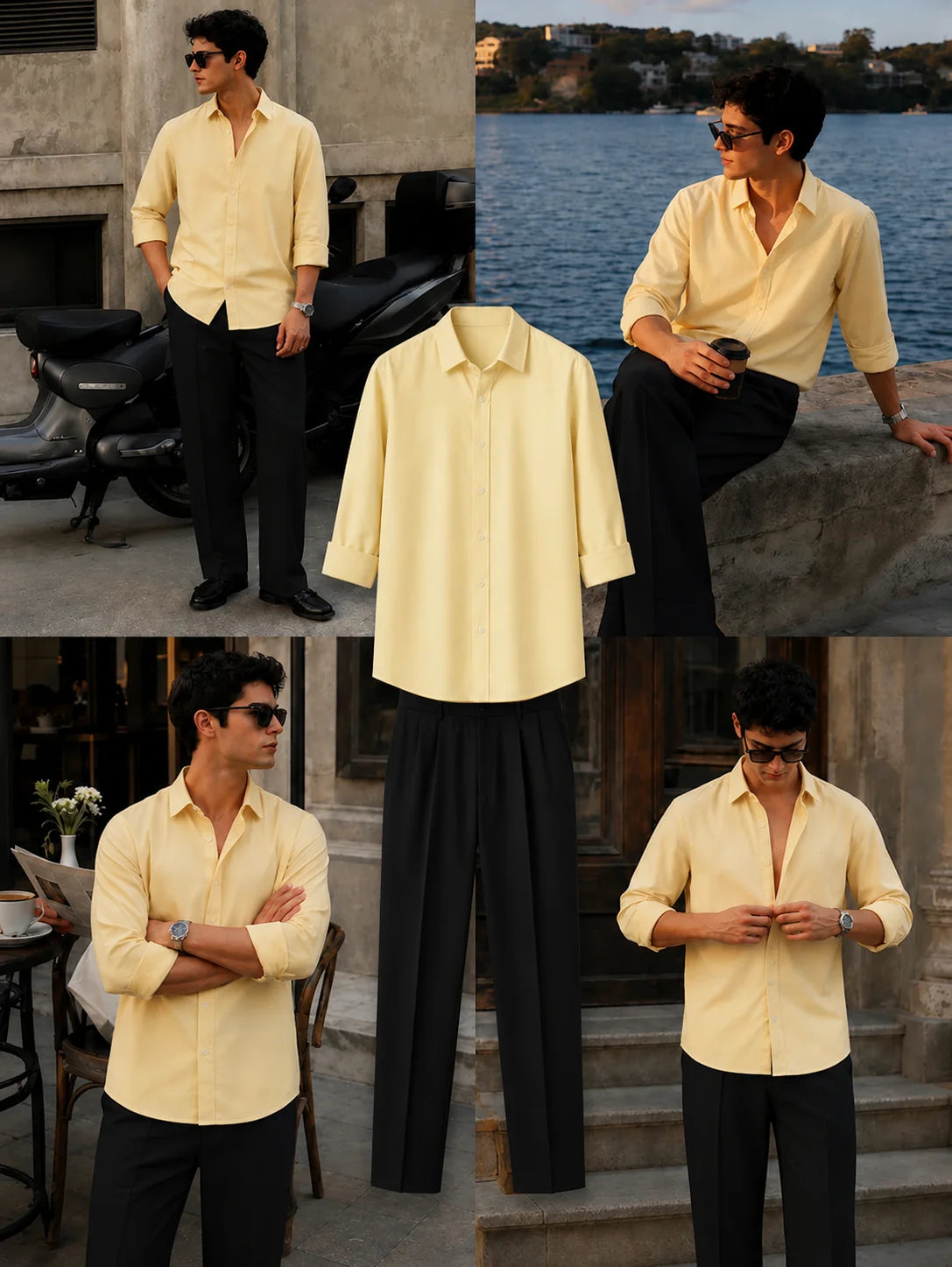 Premium Lemon Yellow Full Sleeves Shirt With Black Drawstring Trouser