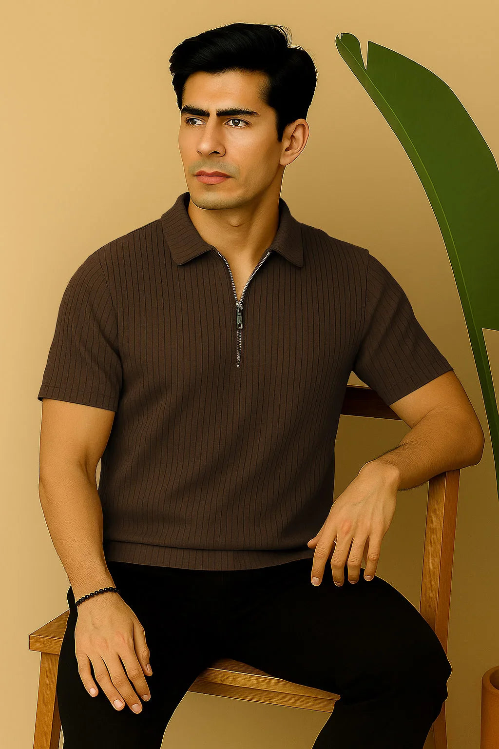 Ribbed Knit Half-Zip Polo Shirt Brown