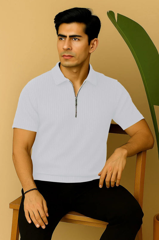 Ribbed Knit Half-Zip Polo Shirt White
