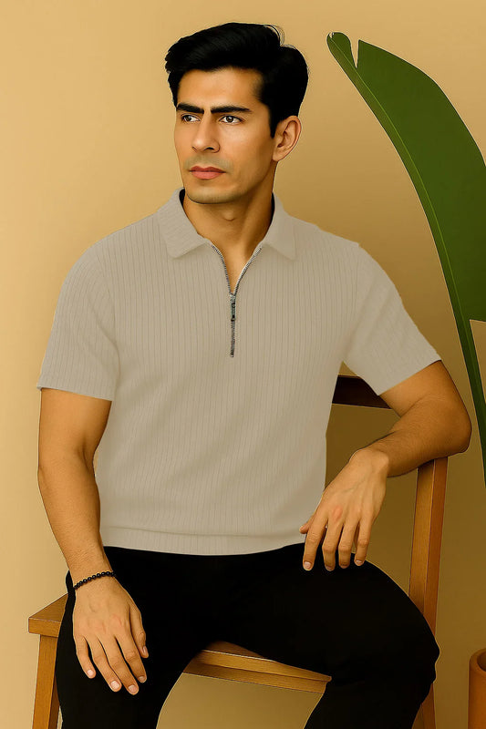 Ribbed Knit Half-Zip Polo Shirt Beige