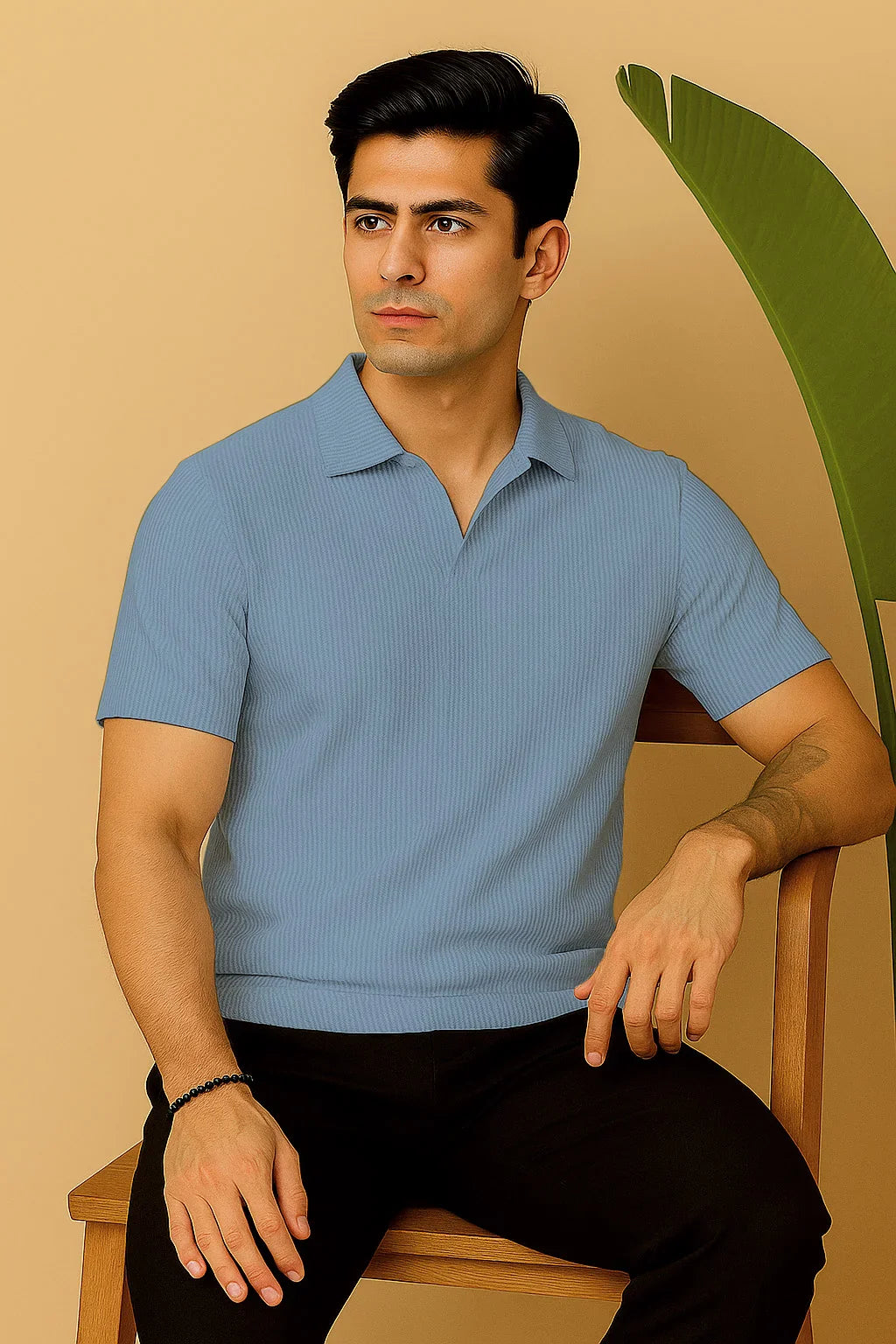 Manfinity RelaxMax Solid Waffle Knit Polo Shirt Sky Blue