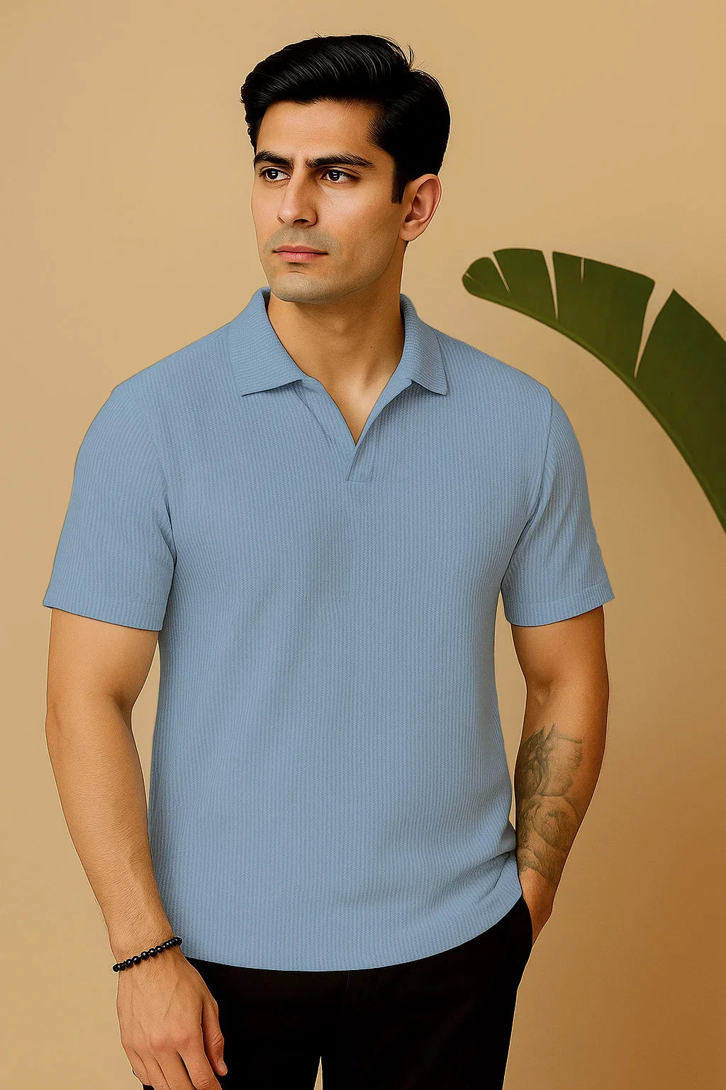 Manfinity RelaxMax Solid Waffle Knit Polo Shirt Sky Blue