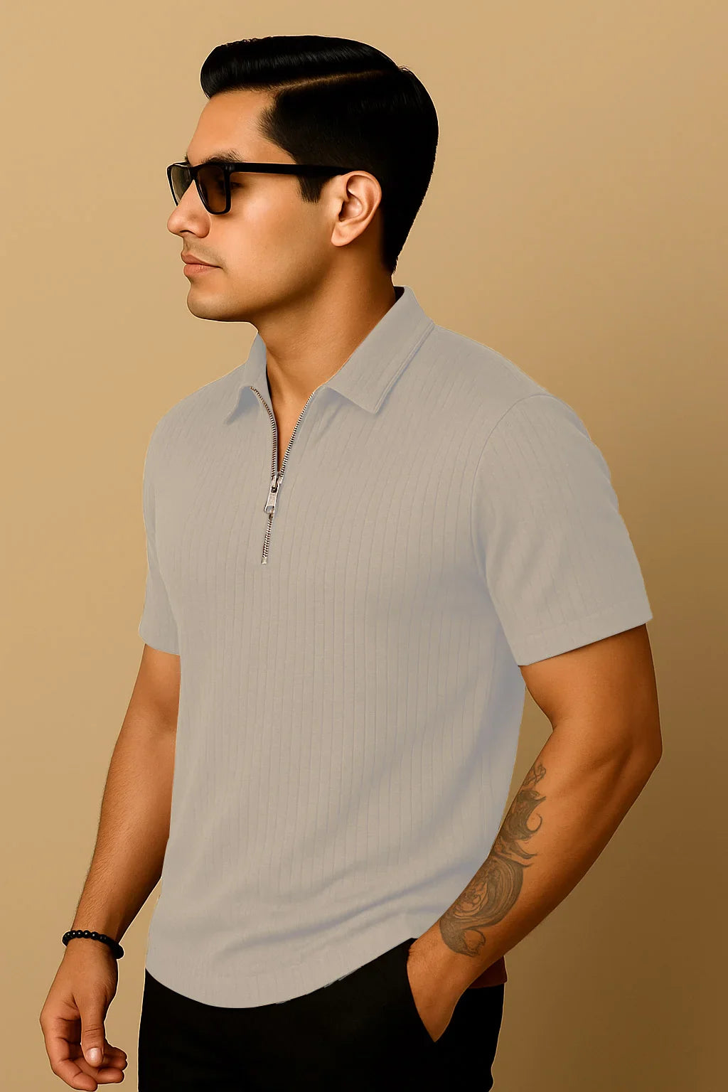 Ribbed Knit Half-Zip Polo Shirt Beige