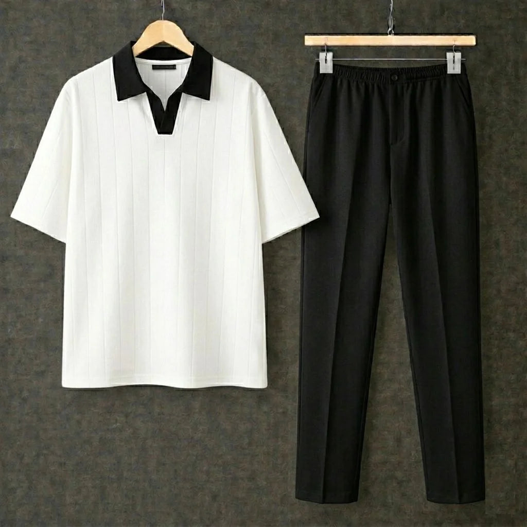 White Polo Contrast Collar Drop Shoulder Shirt With Black Drawstring Trouser