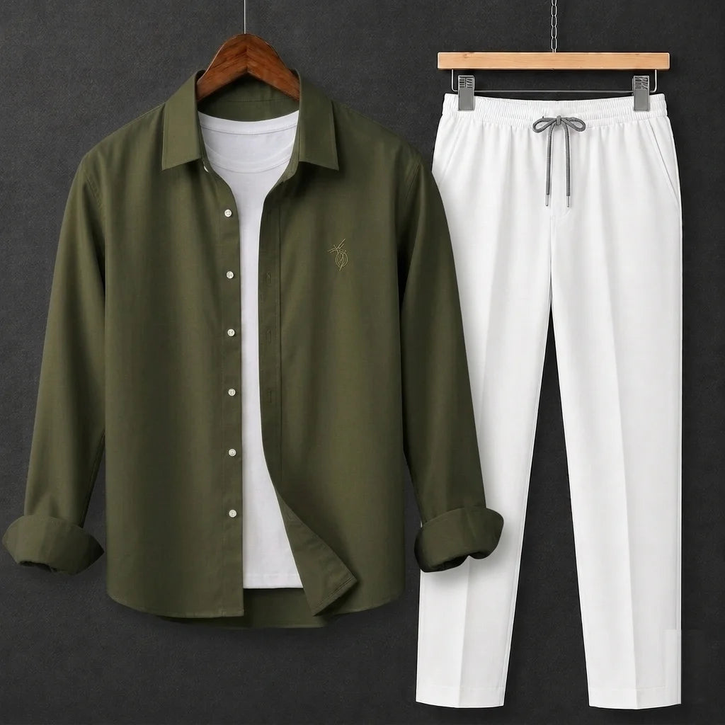 Premium Olive Green Full Sleeves Shirt With White Drawstring Trouser