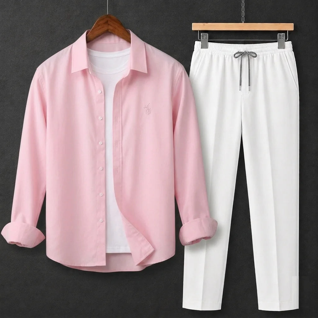 Premium Baby Pink Full Sleeves Shirt With White Drawstring Trouser