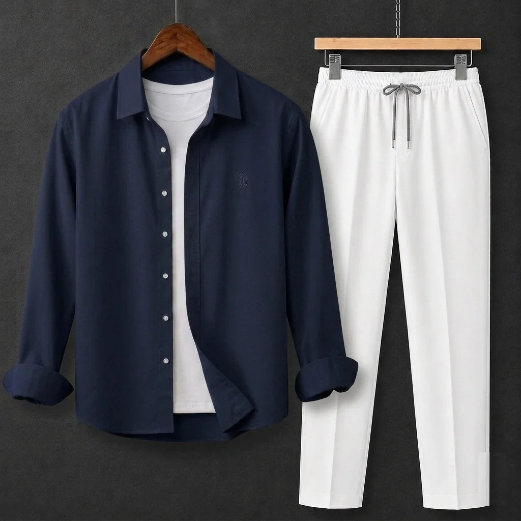 Premium Navy Blue Full Sleeves Shirt With White Drawstring Trouser