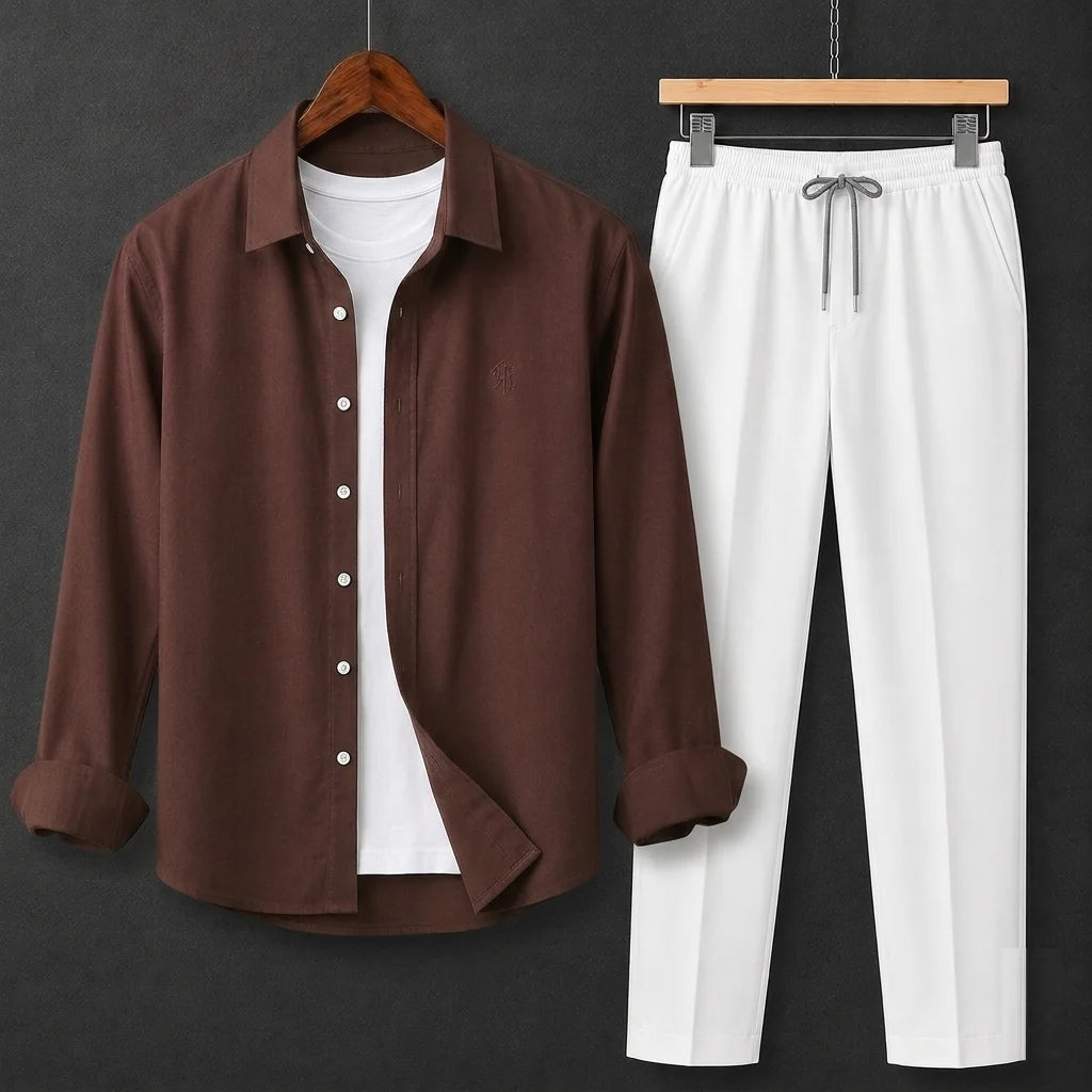 Premium Brown Full Sleeves Shirt With White Drawstring Trouser