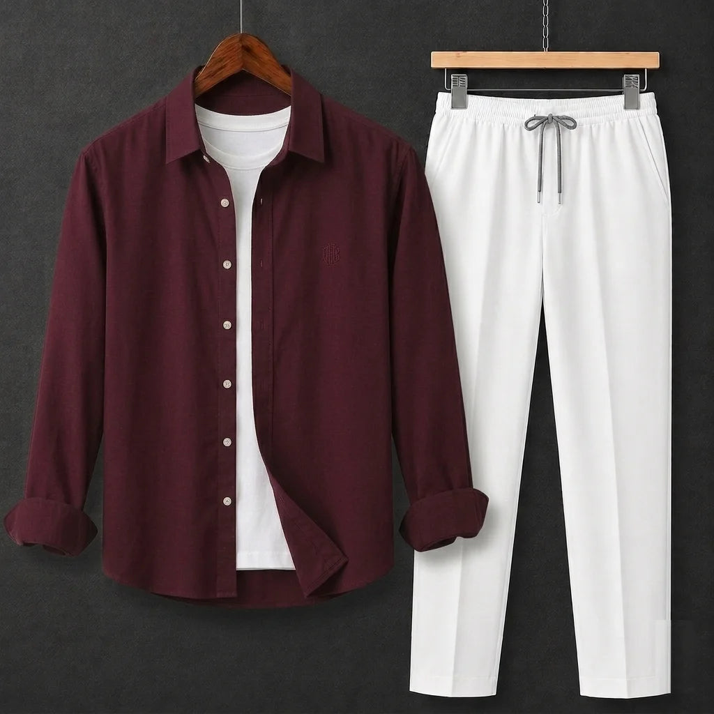Premium Maroon Full Sleeves Shirt With White Drawstring Trouser