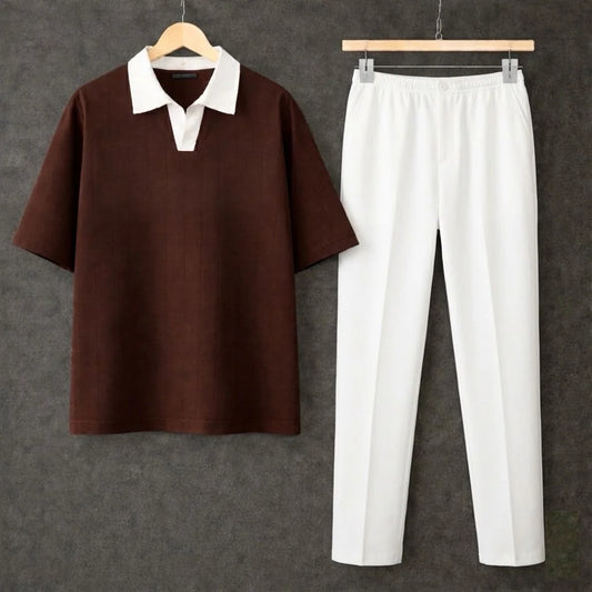 Brown Polo Contrast Collar Drop Shoulder Shirt With White Drawstring Trouser